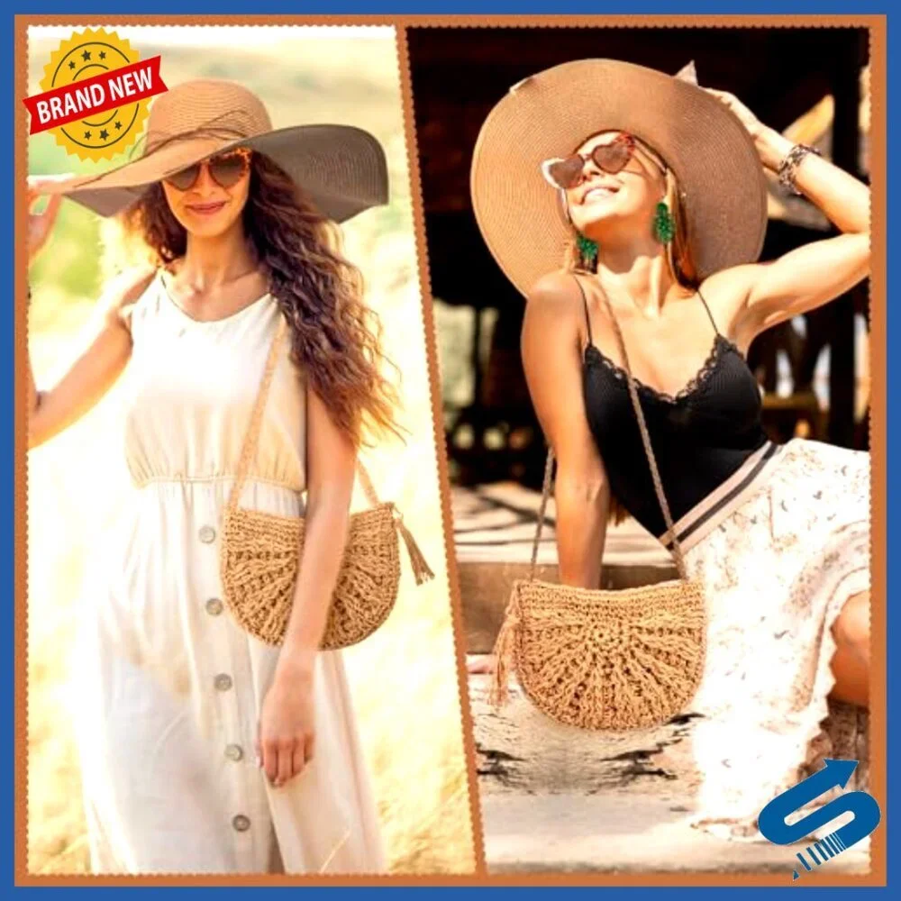 Boho Summer Beach Set Floppy Sun Hat Straw Bag Sunglasses Earrings Bracelet
